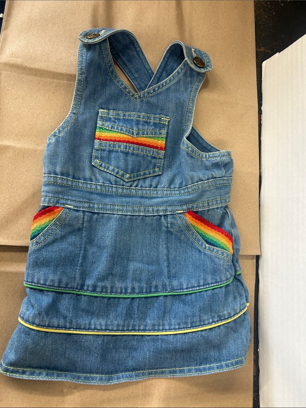 Vintage !  Calabash Denim Overall Dress with Rainbow Trim - Kids 3T